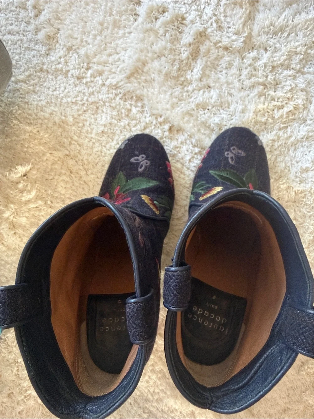 Laurence Decade denim Floral Embroidered Boot Décor